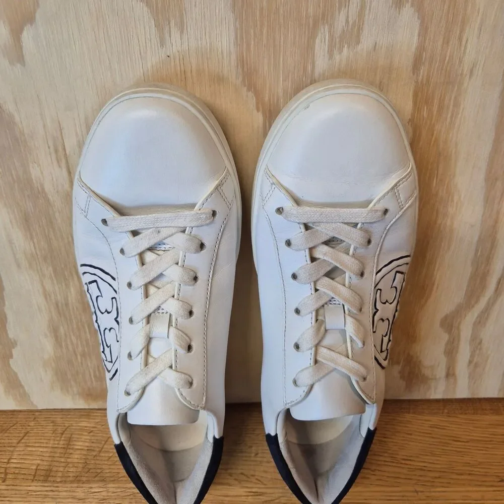 Tory Burch Women's T Logo Leather Sneakers White Navy Size 7M Low Top